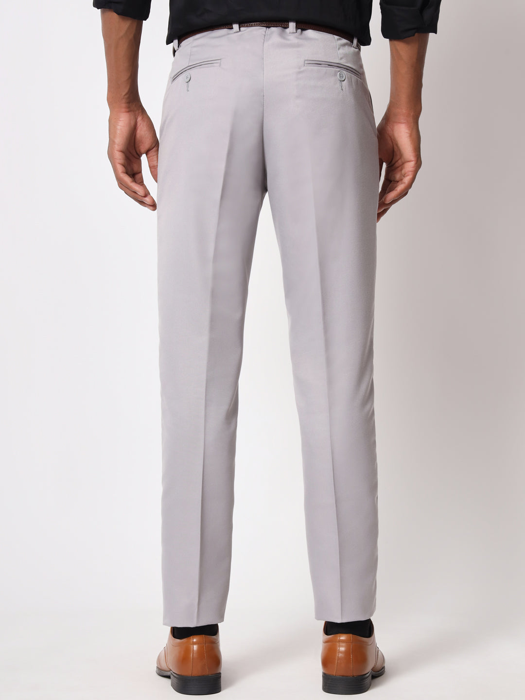 Elegant Light Grey Polycotton Regular Fit Solid Formal Trousers For Men